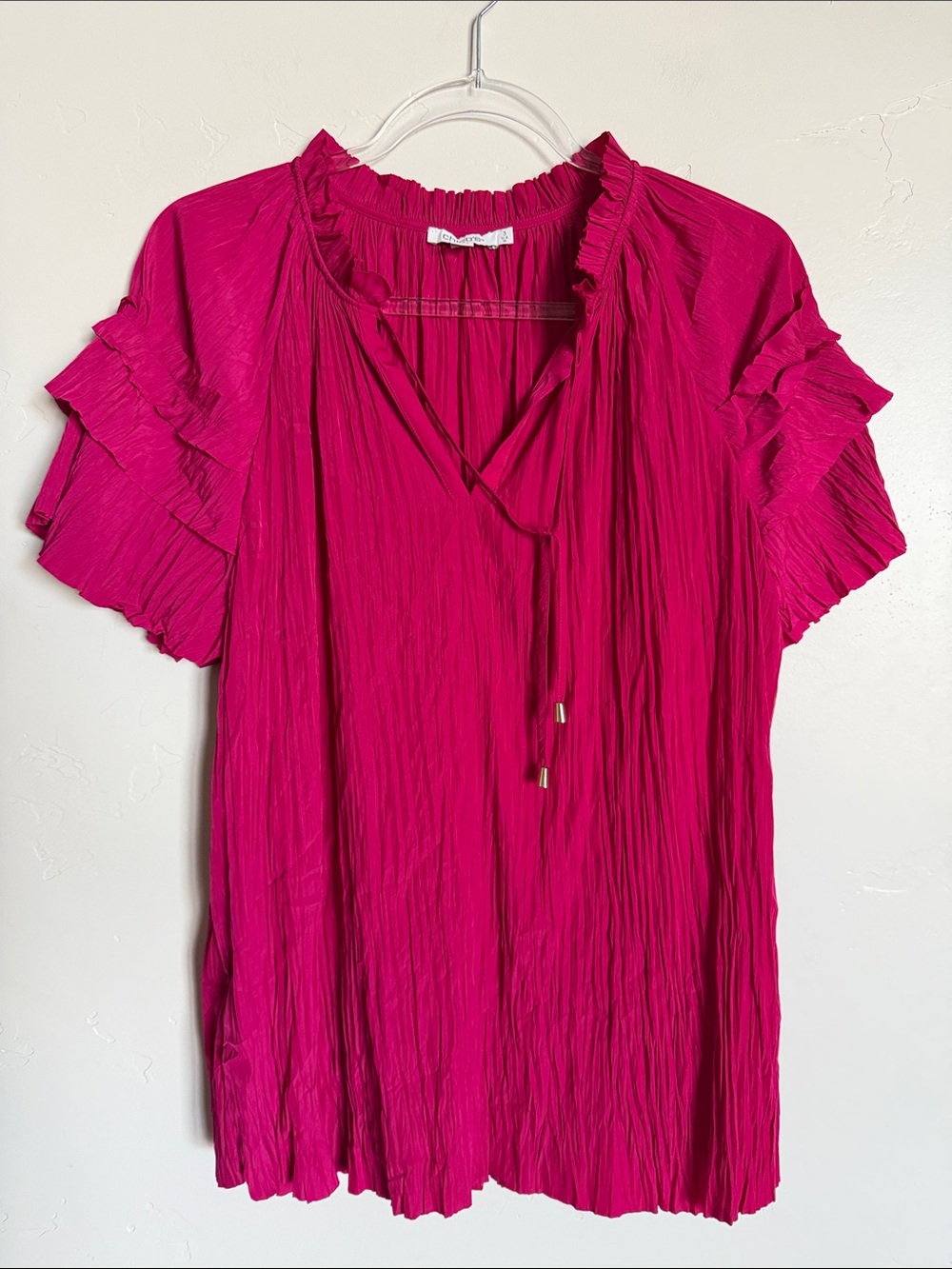 Chico's Magenta Crinkle Ruffle Sleeve Peasant Top